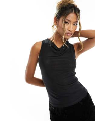 Asos Design Double Layer High Neck Mesh Tank Top In Black