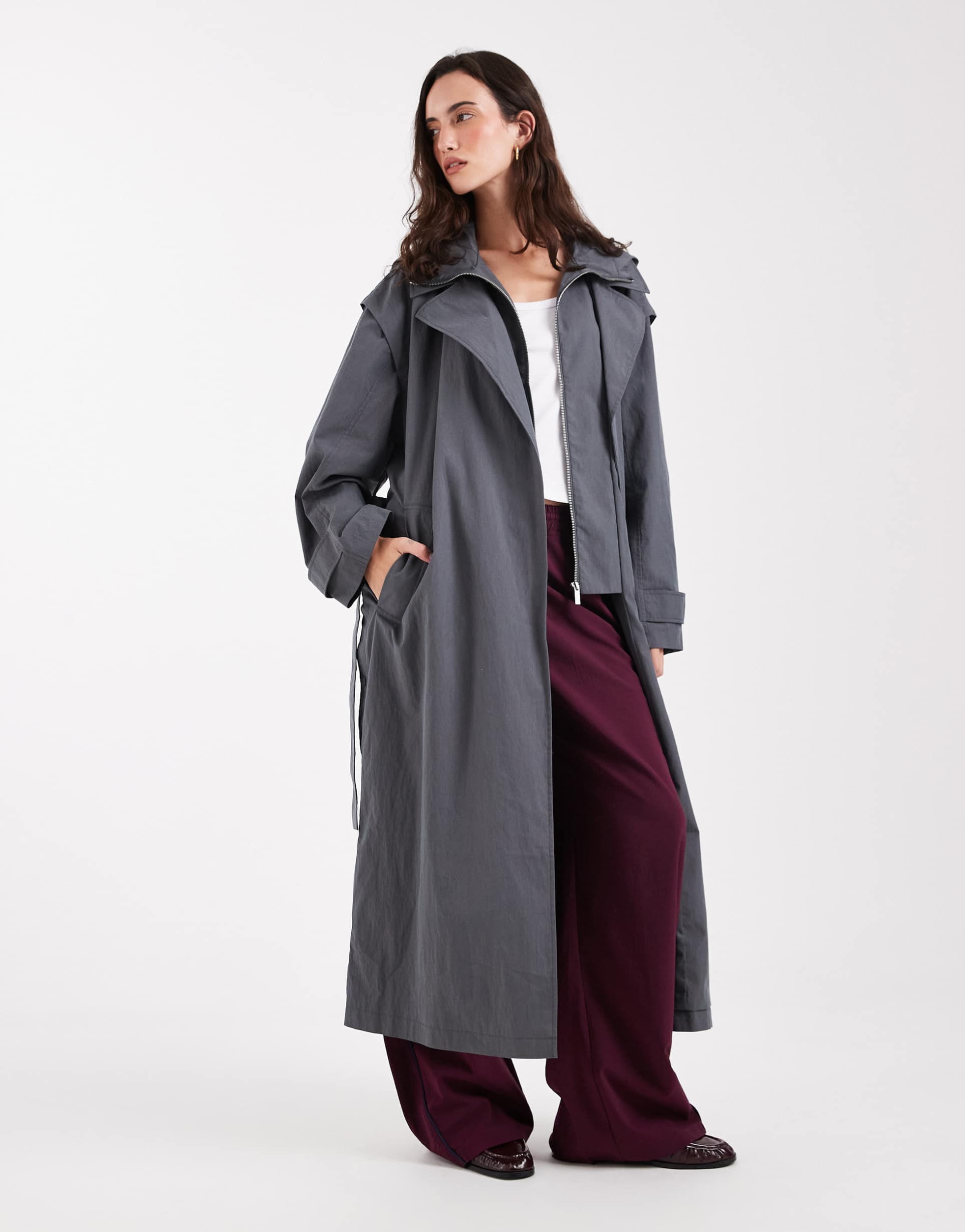 asos design double layer hooded trench coat in gray