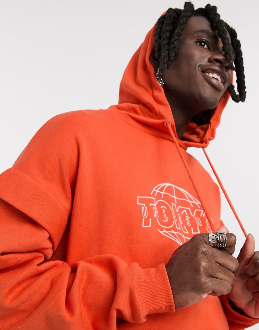 ASOS DESIGN double layer hoodie with Tokyo embroidery-Red