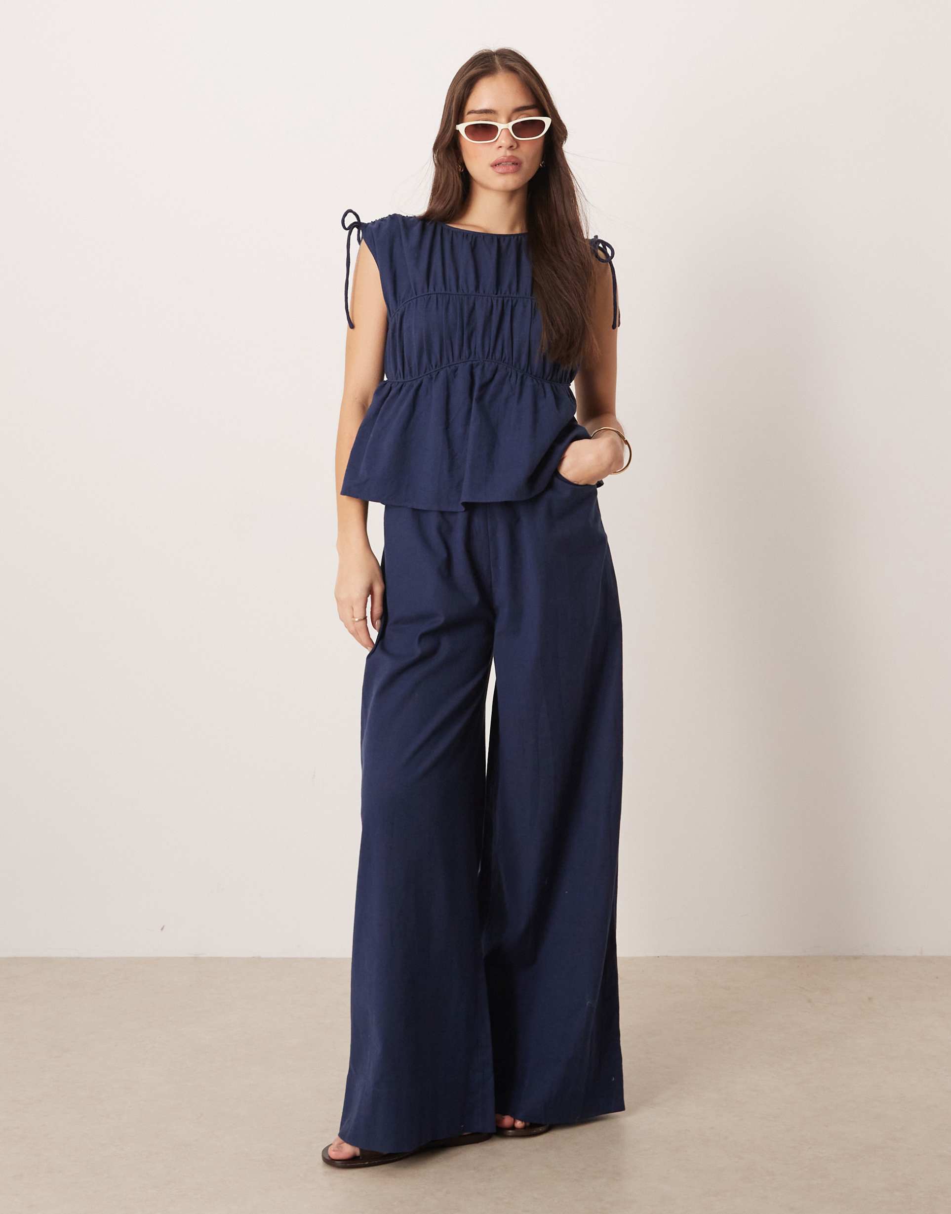 asos design double layer jumpsuit with gathered bust detail in navy