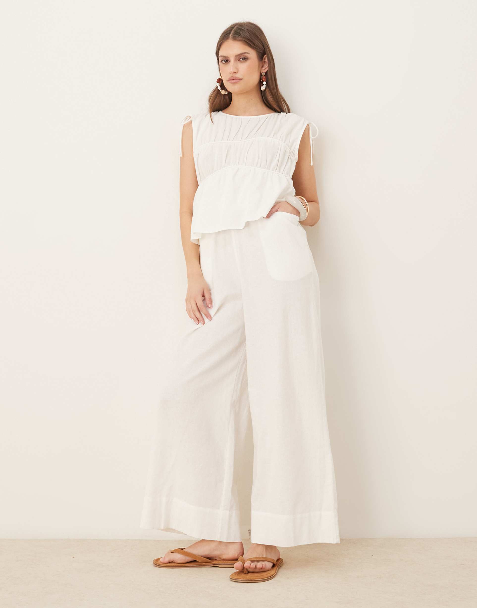 asos design double layer jumpsuit with gathered bust detail in white