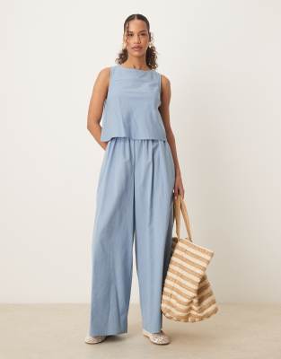 double layer jumpsuit with open back in denim blue