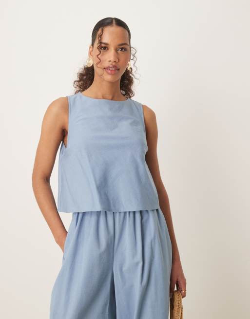 ASOS DESIGN double layer jumpsuit with open back in denim blue