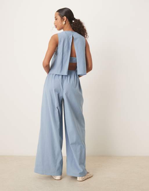 ASOS DESIGN double layer jumpsuit with open back in denim blue