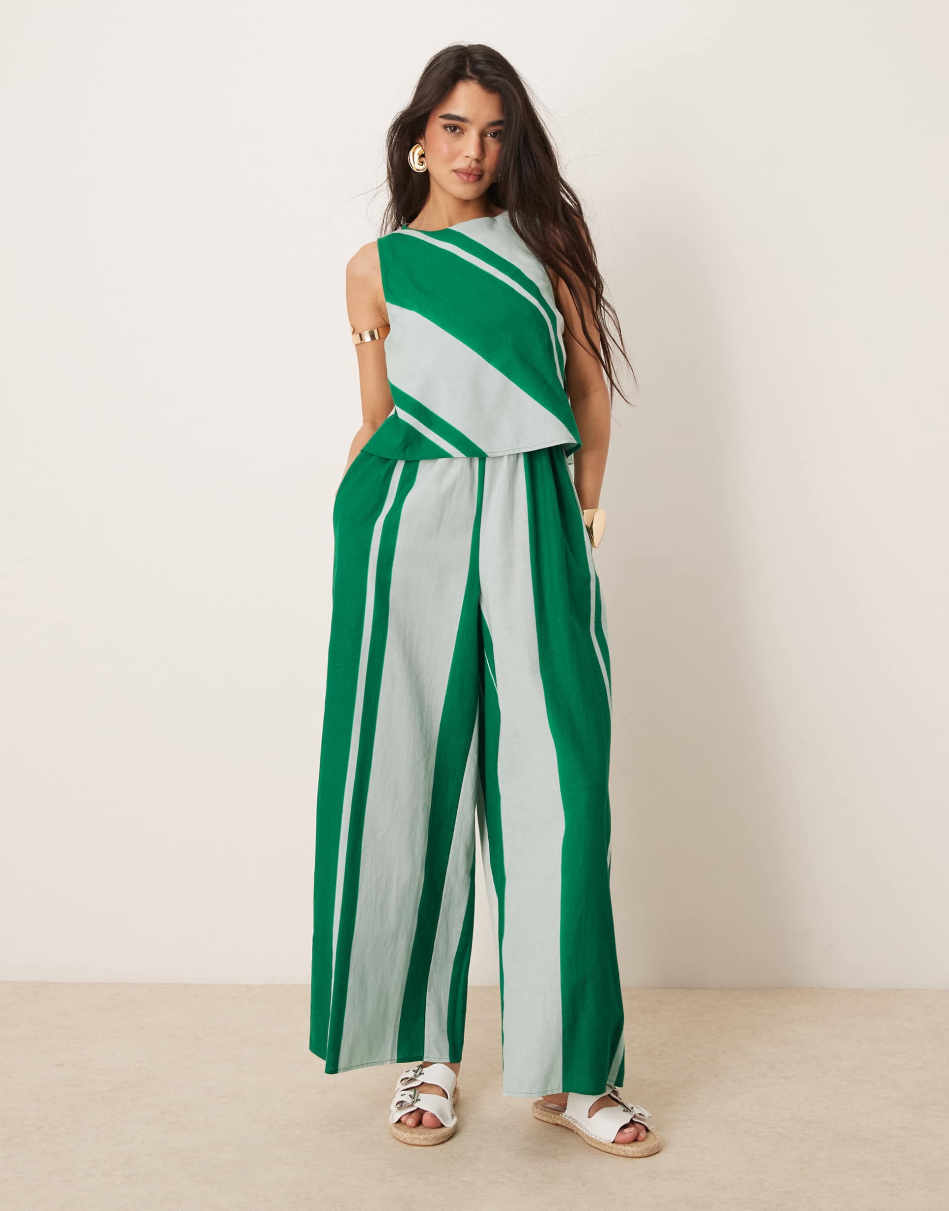 asos design double layer jumpsuit with open back in green white stripe