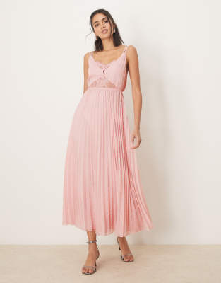 asos design double layer lace insert pleated midi dress in light pink