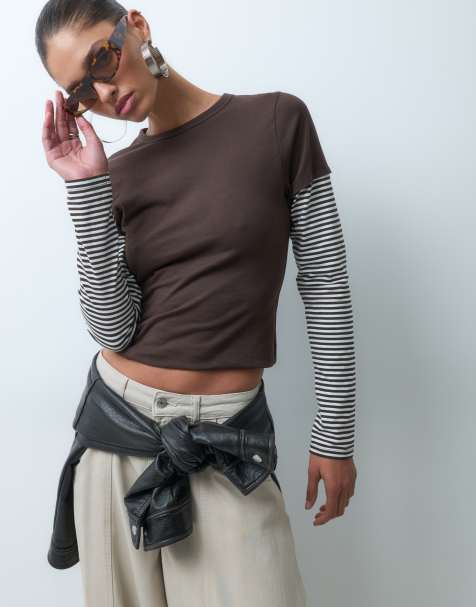 ASOS DESIGN double layer long sleeve baby tee in choc stripe - view 1