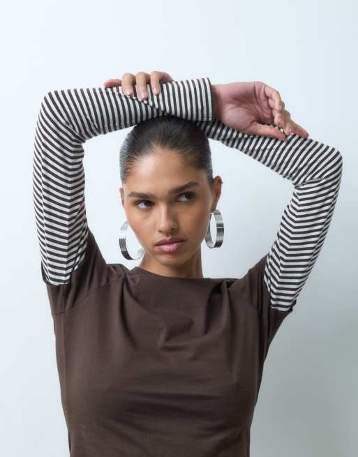 ASOS DESIGN double layer long sleeve baby tee in choc stripe, 2 of 4