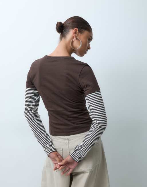 ASOS DESIGN double layer long sleeve baby tee in choc stripe, 4 of 4