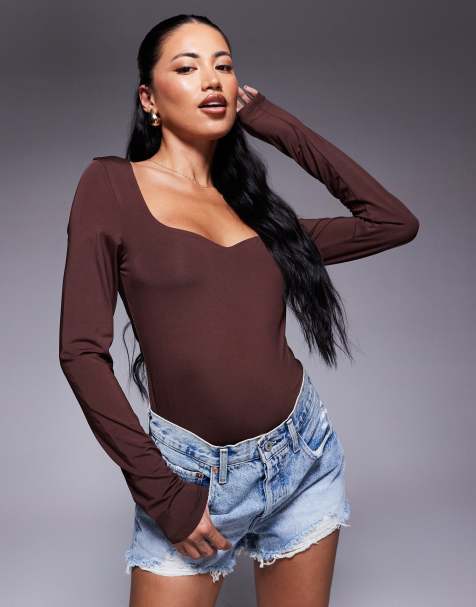 ASOS DESIGN double layer long sleeve curved scoop neck top in chocolate - view 1