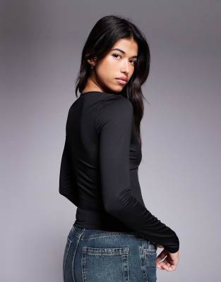Asos Design Double Layer Long Sleeve Deep V Neck Top In Black