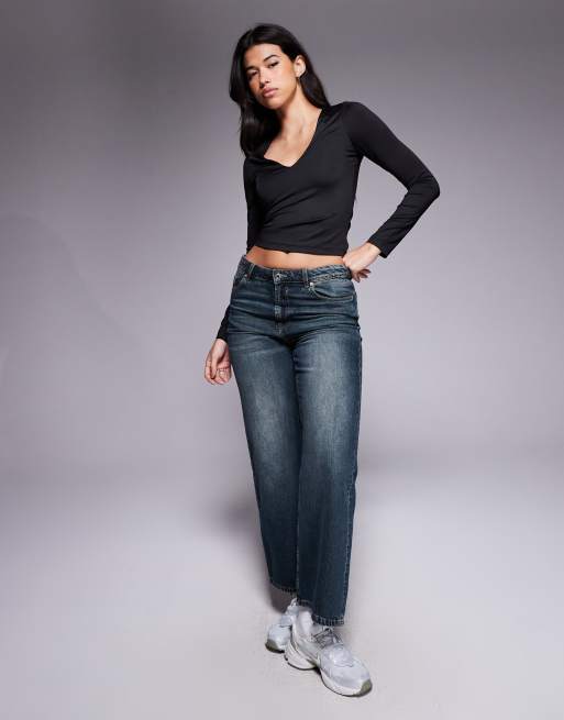 ASOS DESIGN double layer long sleeve deep v neck top in black