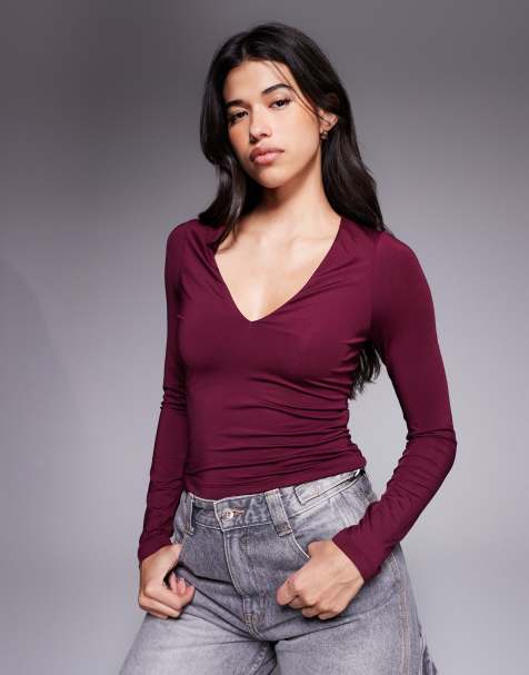 ASOS DESIGN double layer long sleeve deep v neck top in burgundy - view 1