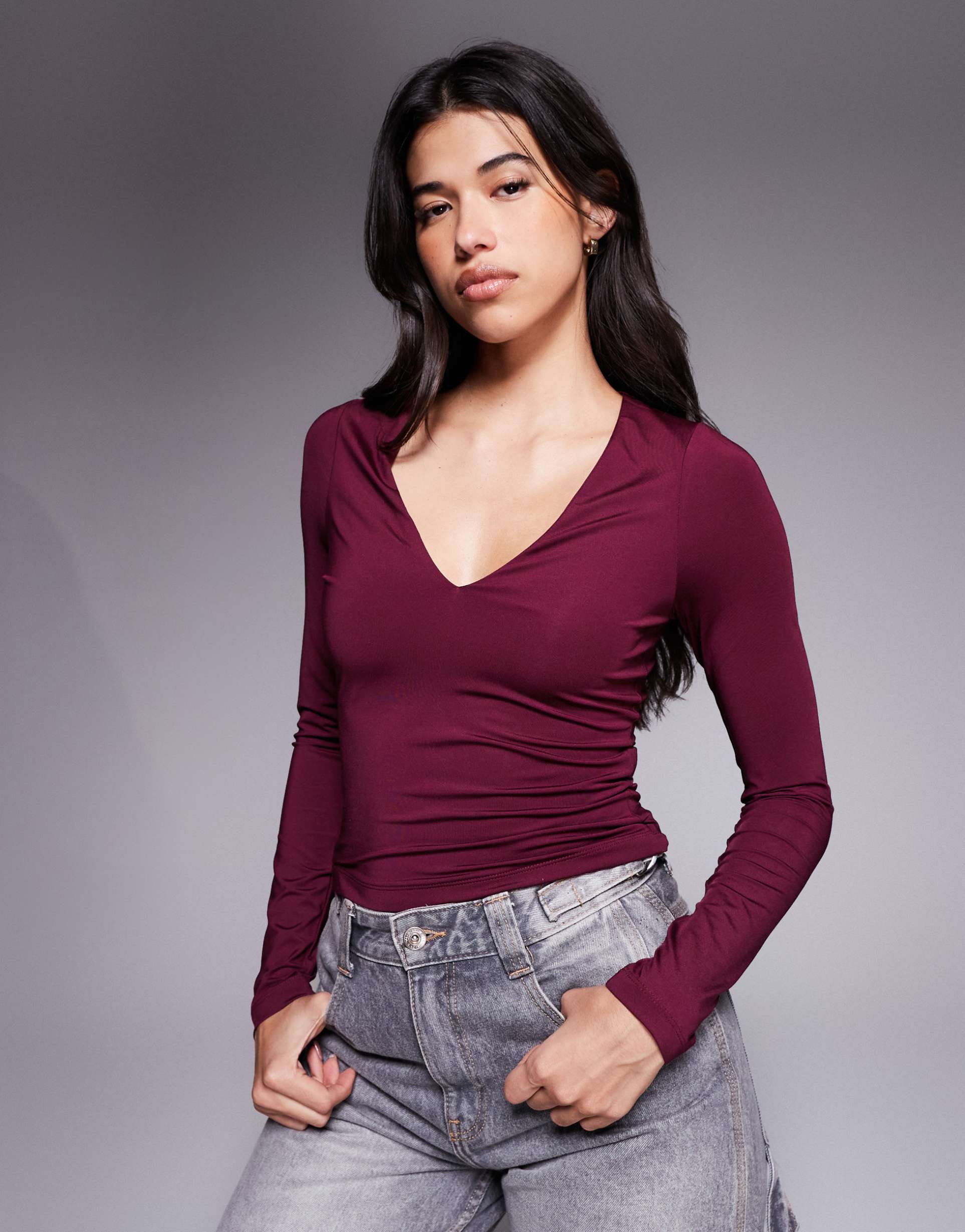asos design double layer long sleeve deep v neck top in burgundy