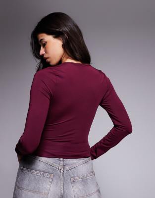 Asos Design Double Layer Long Sleeve Deep V Neck Top In Red