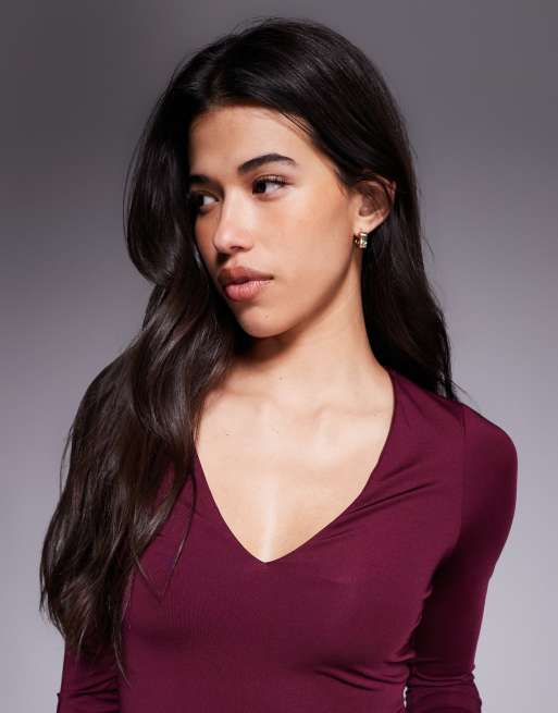 ASOS DESIGN double layer long sleeve deep v neck top in burgundy, 3 of 4