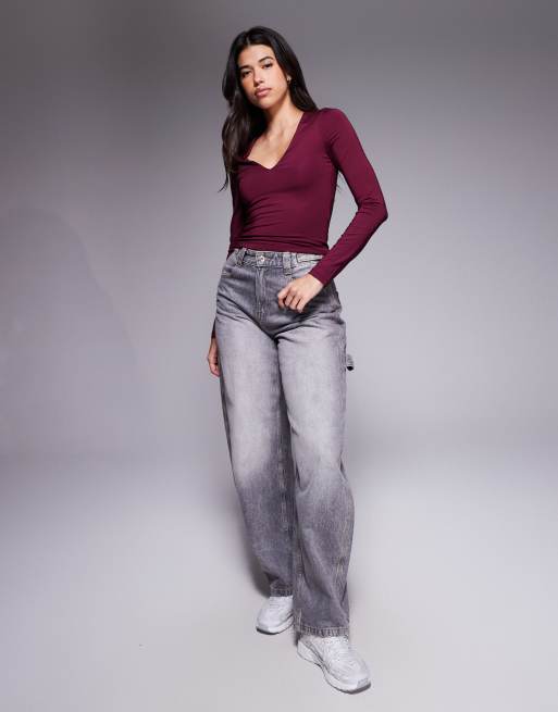 ASOS DESIGN double layer long sleeve deep v neck top in burgundy, 4 of 4