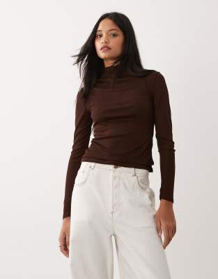 Asos Design Double Layer Long Sleeve Funnel Neck Top With Ruching Detail In Brown