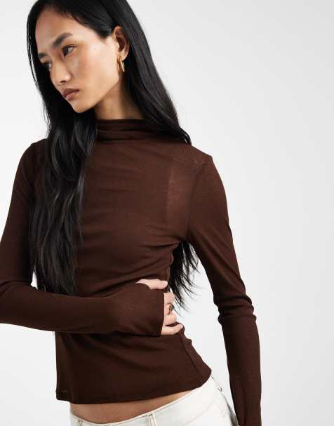 ASOS DESIGN double-layer long sleeve funnel neck top with ruching detail in chocolate - view 1
