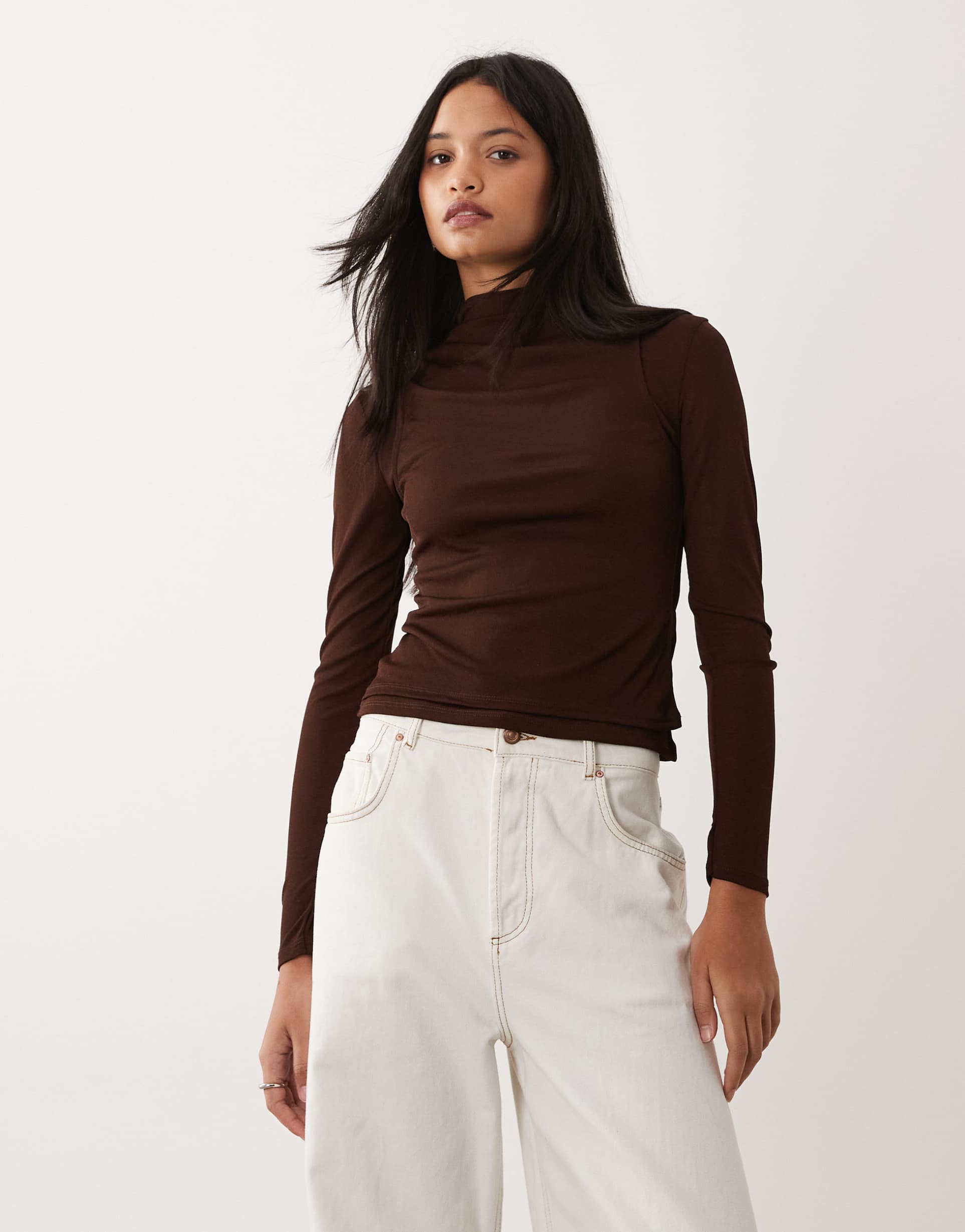 asos design double layer long sleeve funnel neck top with ruching detail in chocolate