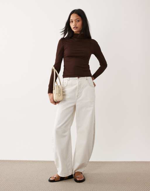 ASOS DESIGN double layer long sleeve funnel neck top with ruching detail in chocolate, 2 of 4