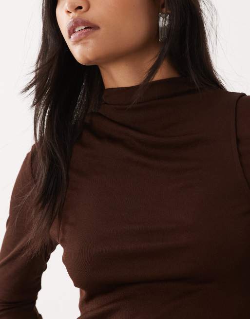 ASOS DESIGN double layer long sleeve funnel neck top with ruching detail in chocolate, 3 of 4
