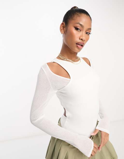 ASOS DESIGN double layer long sleeve mesh bodysuit in white