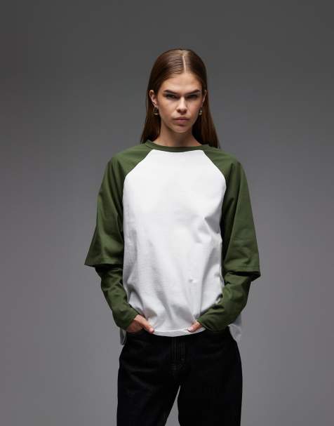 ASOS DESIGN double layer long sleeve skater in white and khaki - view 1