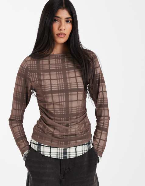 ASOS DESIGN double layer long sleeve top in check print - view 1