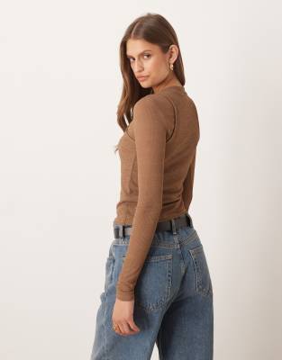 Asos Design Double Layer Long Sleeve Top In Brown