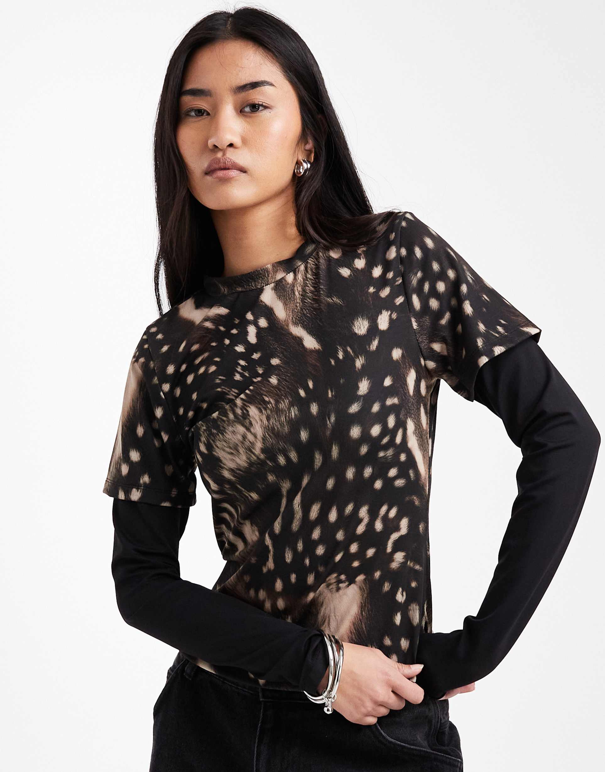 asos design double layer long sleeve top in cream and brown