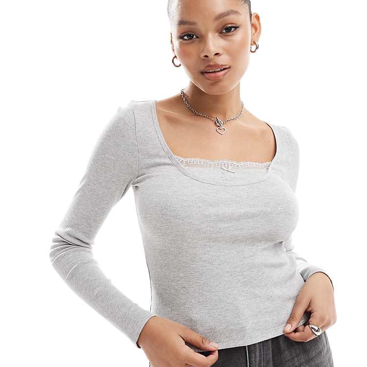 ASOS DESIGN double layer long sleeve top with lace and bow ASOS DESIGN double layer long sleeve top with lace and bow