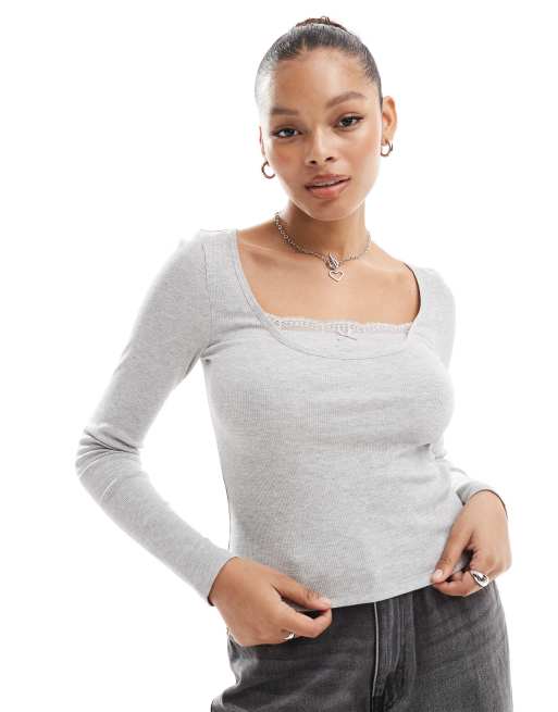 ASOS DESIGN double layer long sleeve top with lace and bow detail in heather gray