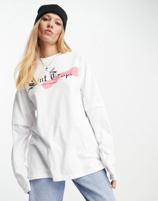 ASOS DESIGN double layer long sleeve top with saint tropez graphic in white