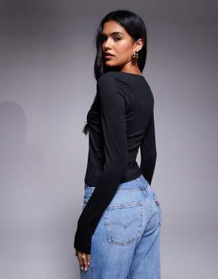 Asos Design Double Layer Long Sleeve Wide Square Neck Top In Black