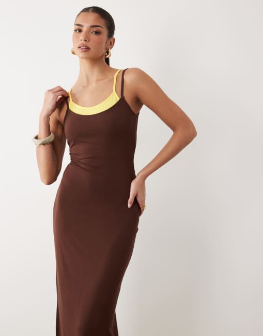 ASOS DESIGN double layer maxi dress brown and buttermilk, 3 of 4