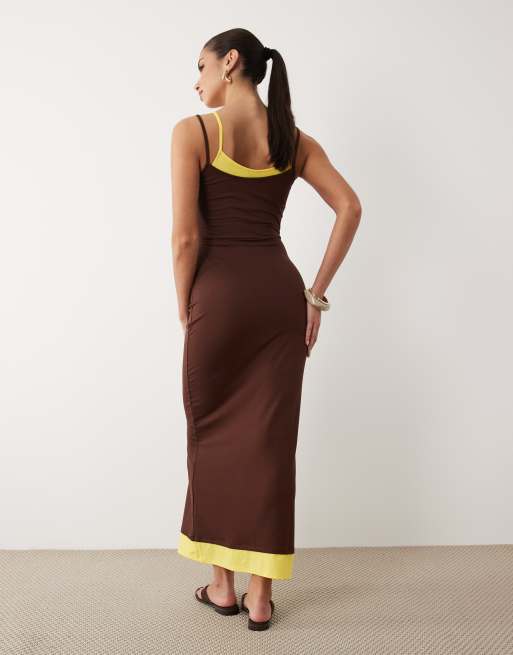 ASOS DESIGN double layer maxi dress brown and buttermilk, 4 of 4