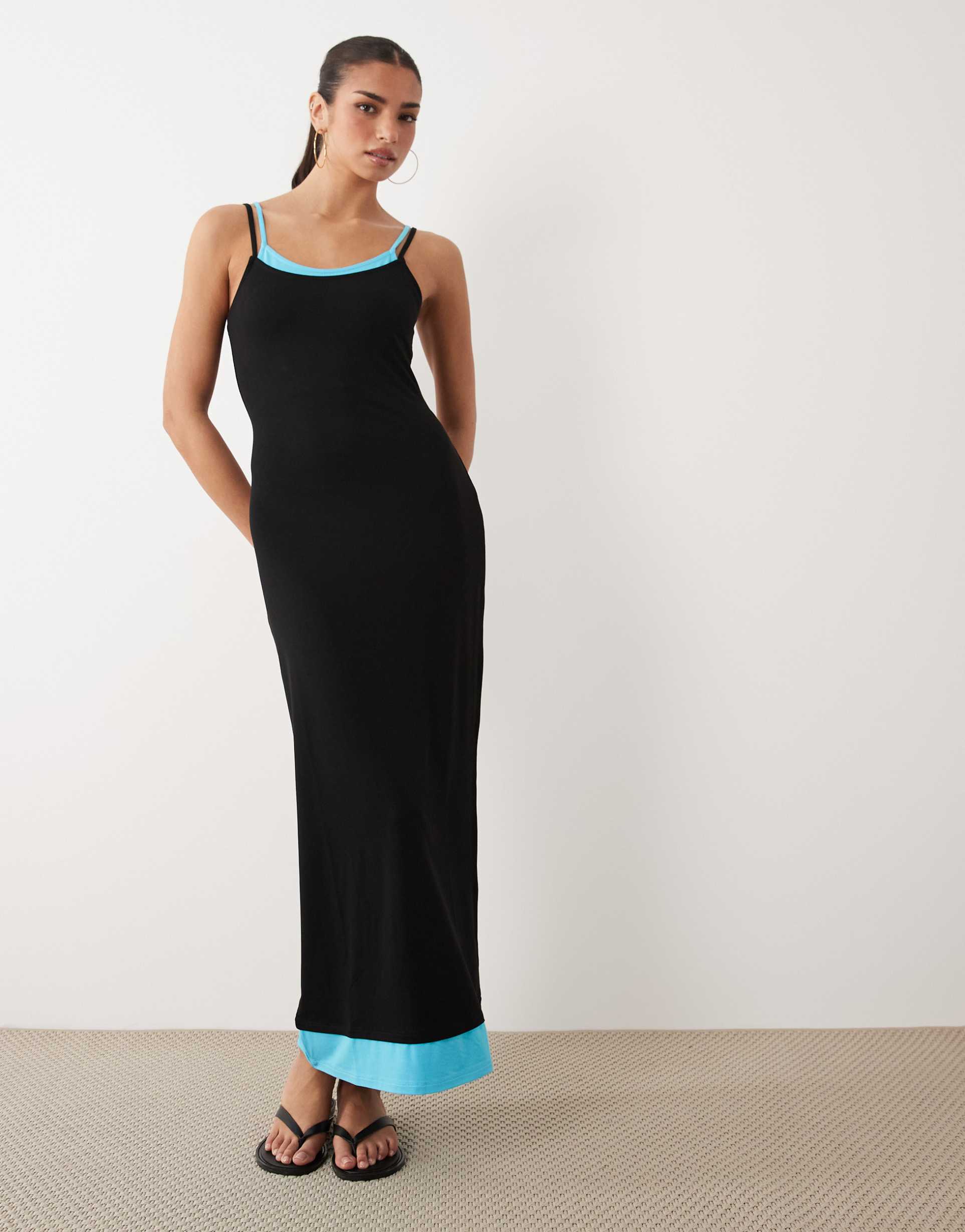asos design double layer maxi dress in black and blue