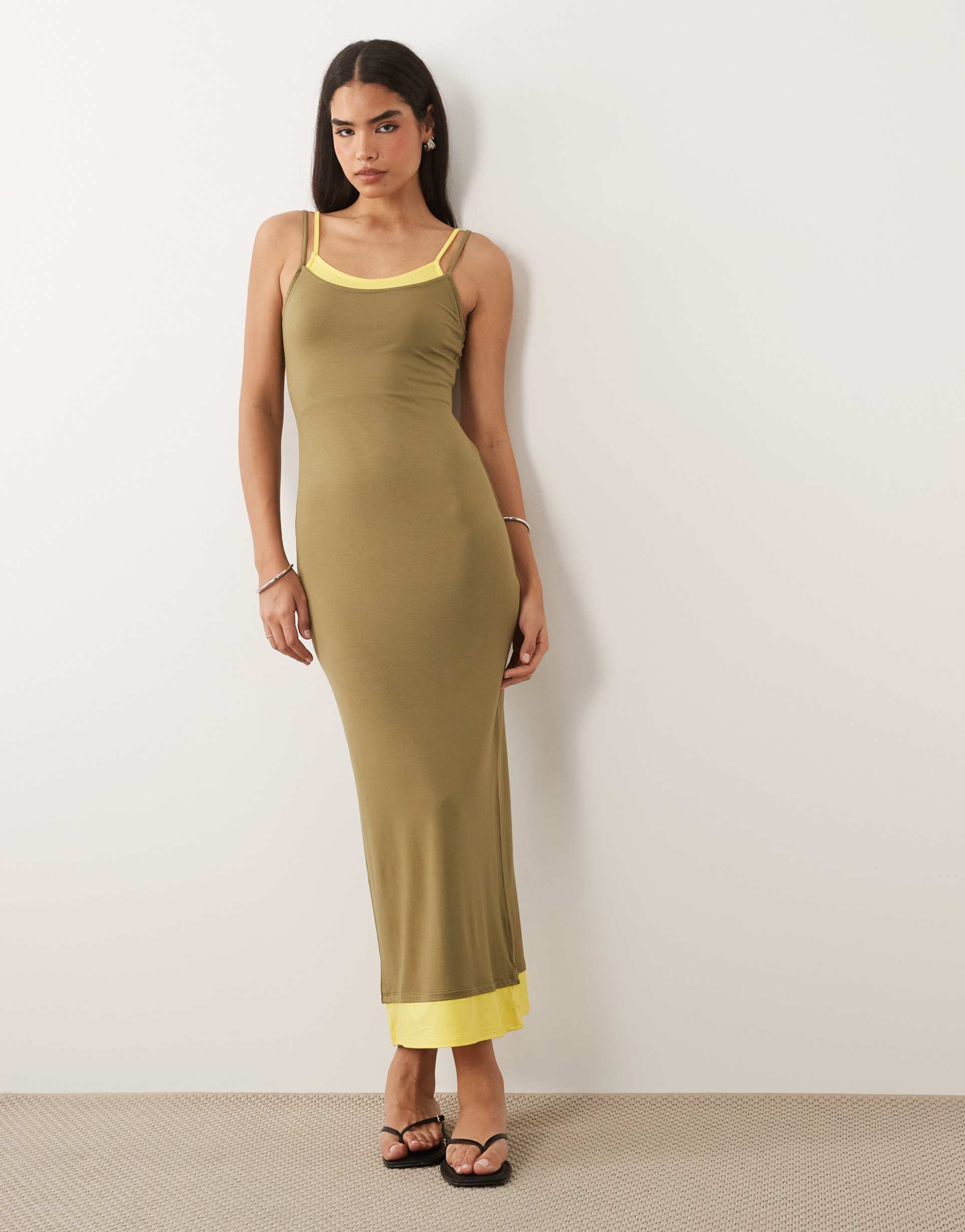 asos design double layer maxi dress in khaki and buttermilk