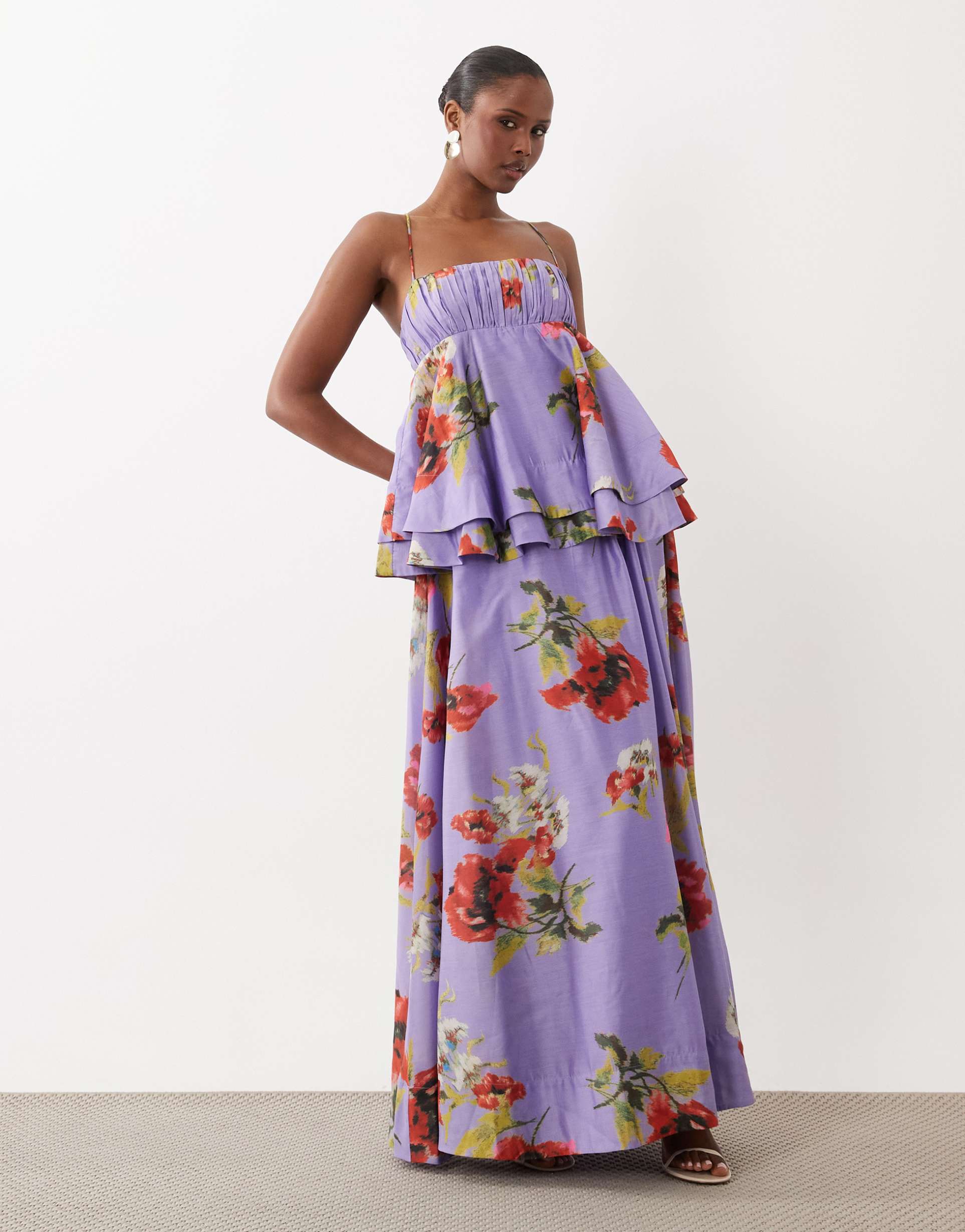 asos design double layer maxi dress in purple floral print