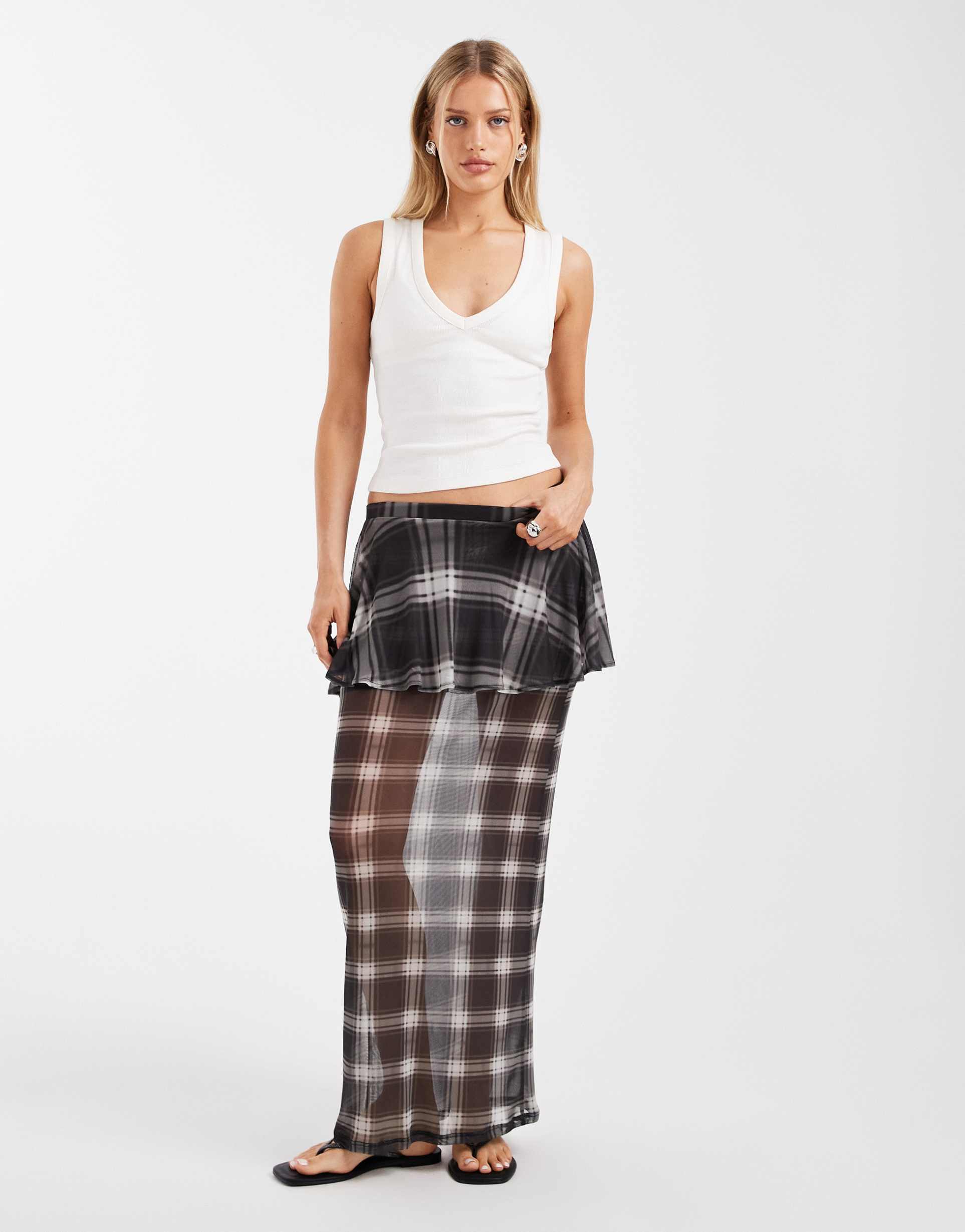 asos design double layer maxi skirt in mesh polka dot print