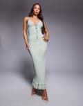 [ASOS DESIGN] ASOS DESIGN double layer mesh and lace print cami maxi dress with ruffle hem in light green 6 Light Green