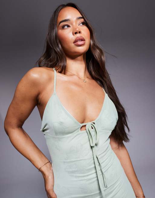 ASOS DESIGN double layer mesh and lace print cami maxi dress with ruffle hem in light green, 3 of 4