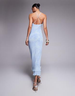 Asos Design Double Layer Mesh And Lace Print Cami Maxi Dress With Ruffle Hem In Blue
