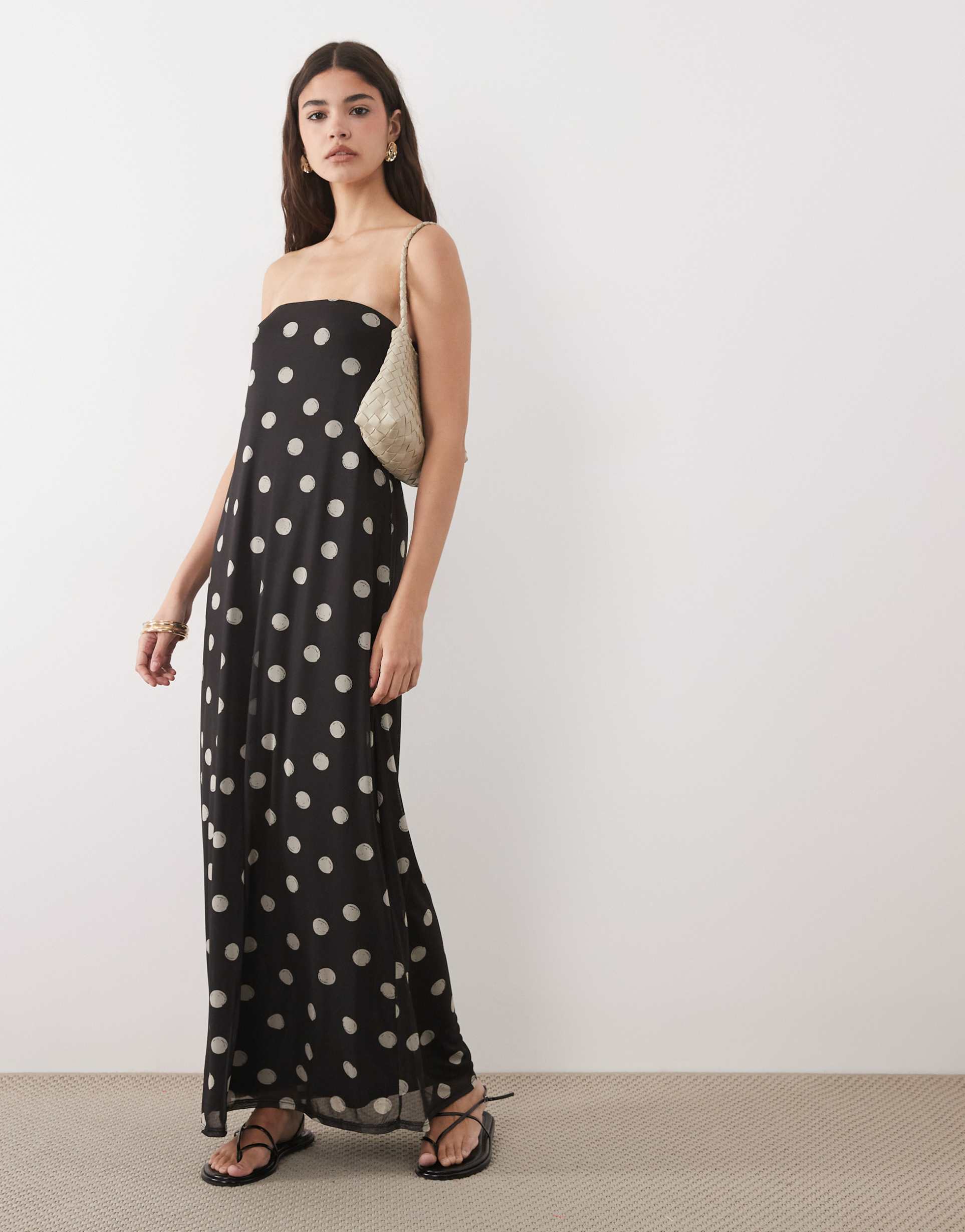 asos design double layer mesh bandeau maxi dress in polka dot print