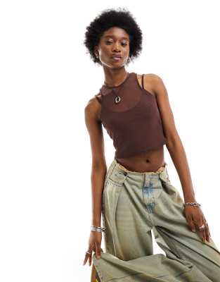 Asos Design Double Layer Mesh Cami In Brown