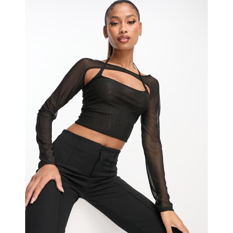 ASOS DESIGN mesh crop top with long sleeve in wave flock in black