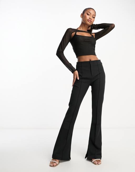 Double Layer Mesh Long Sleeve Suspender Detail Crop Top In Black Slinky