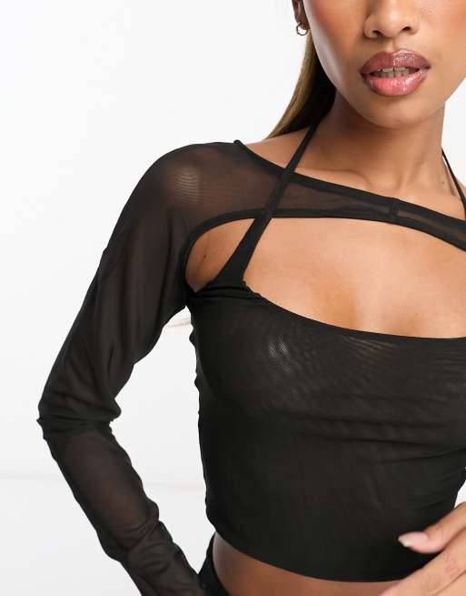 ASOS DESIGN mesh crop top with long sleeve in wave flock in black