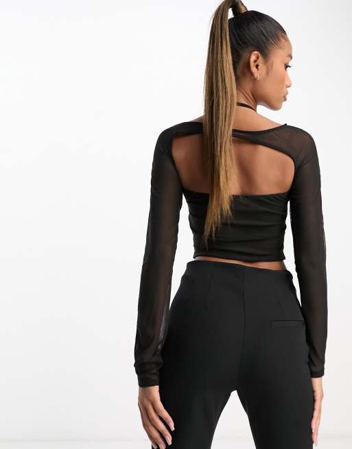 ASOS DESIGN super crop long sleeve mesh shrug in black